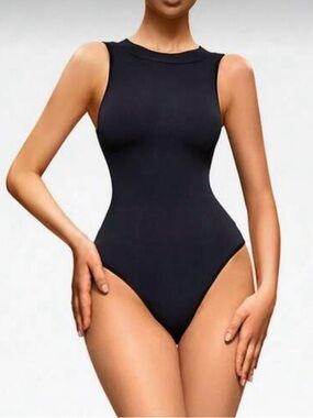Black Sleeveless Crew Neck Bodysuit tummy control